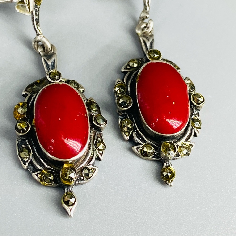 Vintage Sterling Silver Coral Red Cabochon & Marcasite Stones Earrings 1980s - Picture 5 of 16
